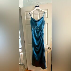 A-line Cowl Floor-Length Stretch Satin Dress - French Blue